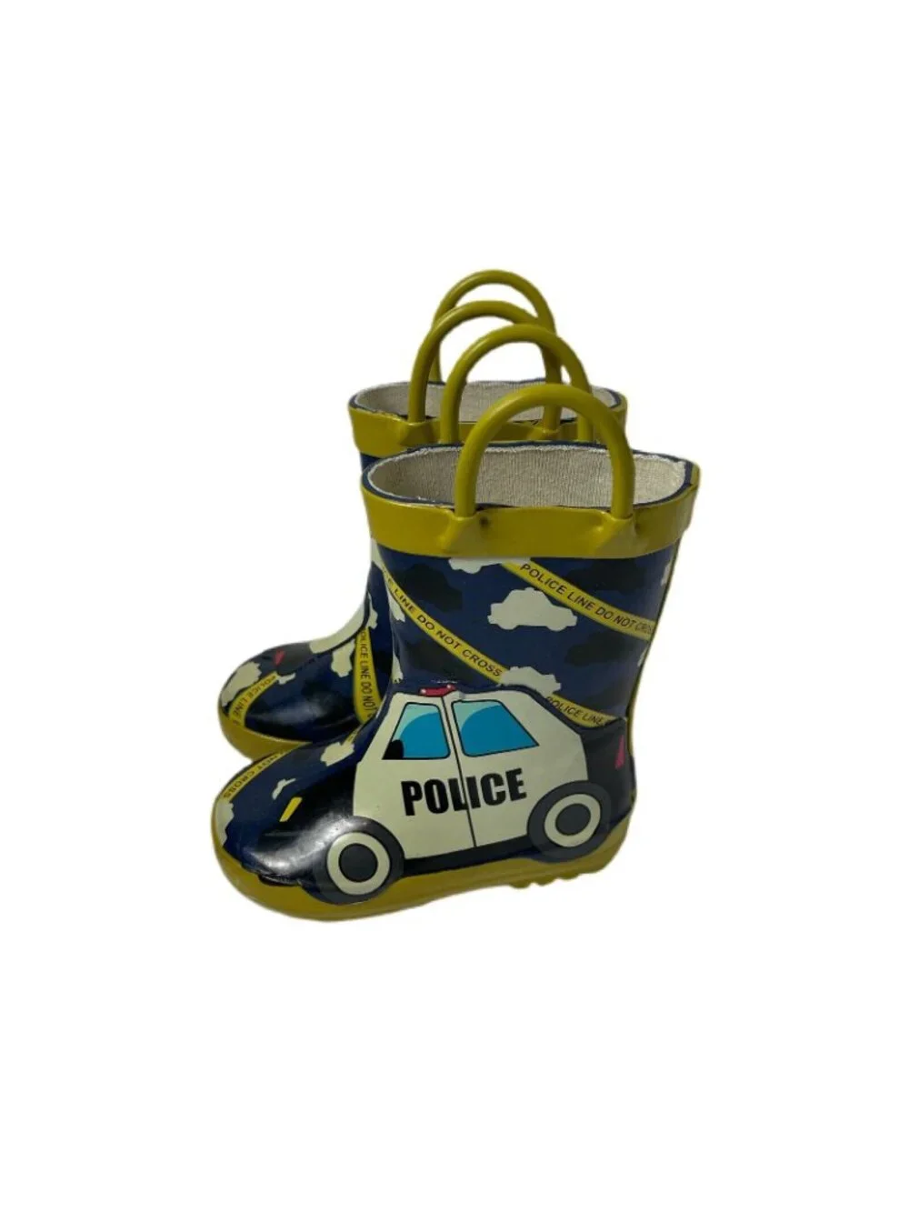 Kids Rain Boots Police Car Pattern Blue/Yellow Pull-On Handles Rubber Size 5